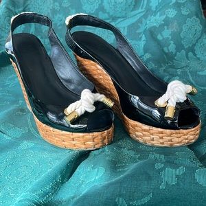 Tory Burch Black Patent Leather Rope Detail Shea Wedge